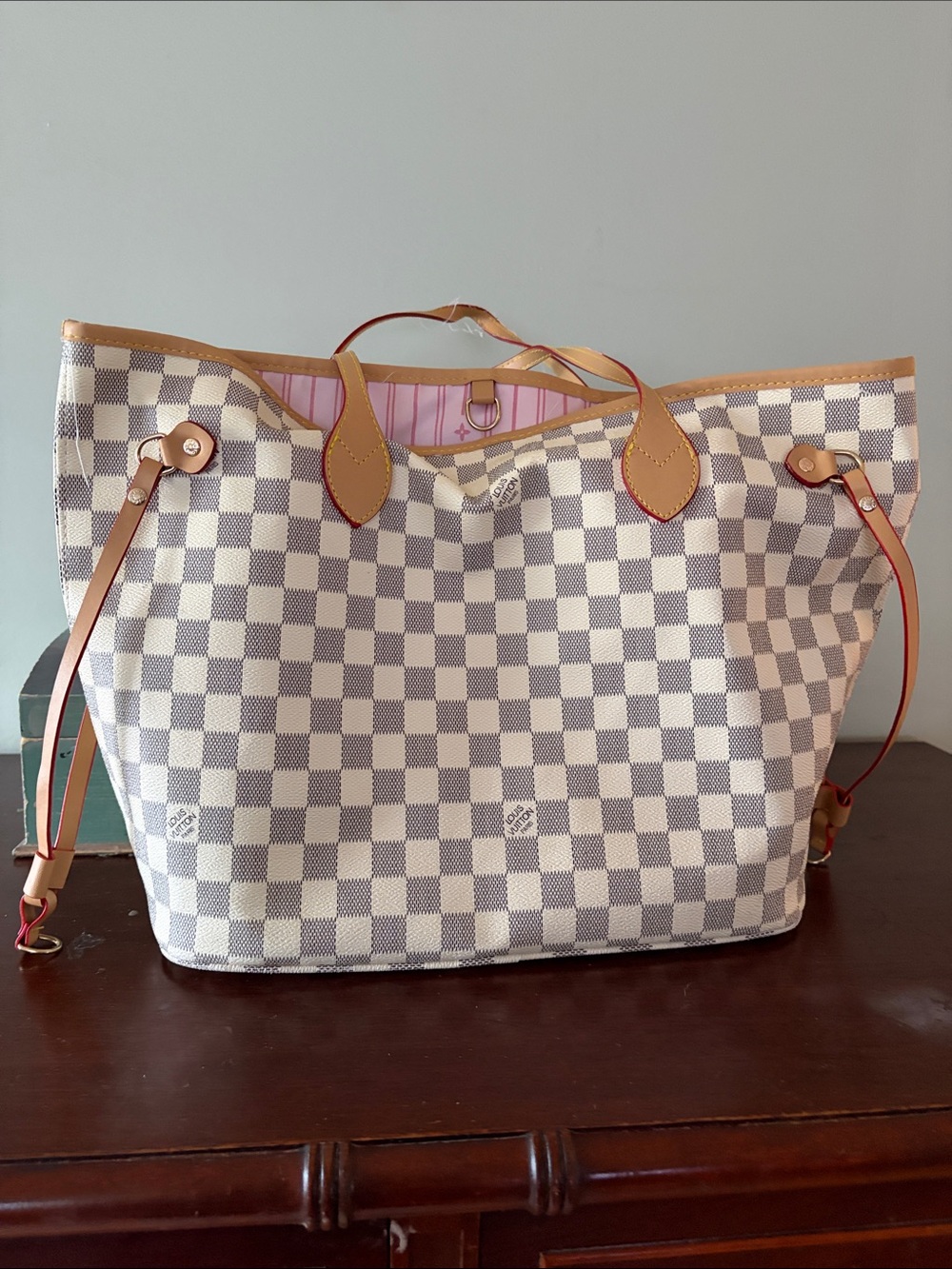 Checked Canvas Tote Bag in White and Tan with Pink Interior